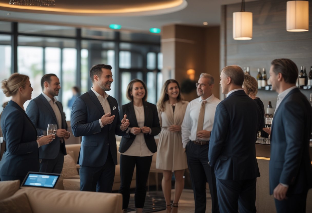 A real estate agent networks with guests in an upscale hospitality venue near a discreet Wi-Fi access point.