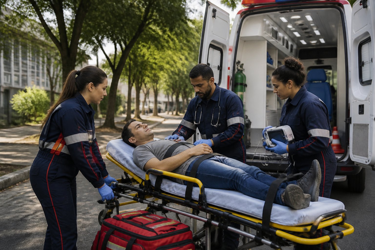 Paramédicos atendem uma pessoa em uma maca ao lado de uma ambulância em uma rua de São Paulo.