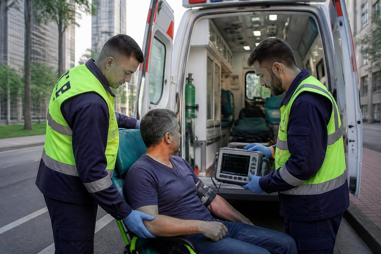 Equipe de saúde avalia um paciente ao lado de uma ambulância em uma rua de São Paulo.