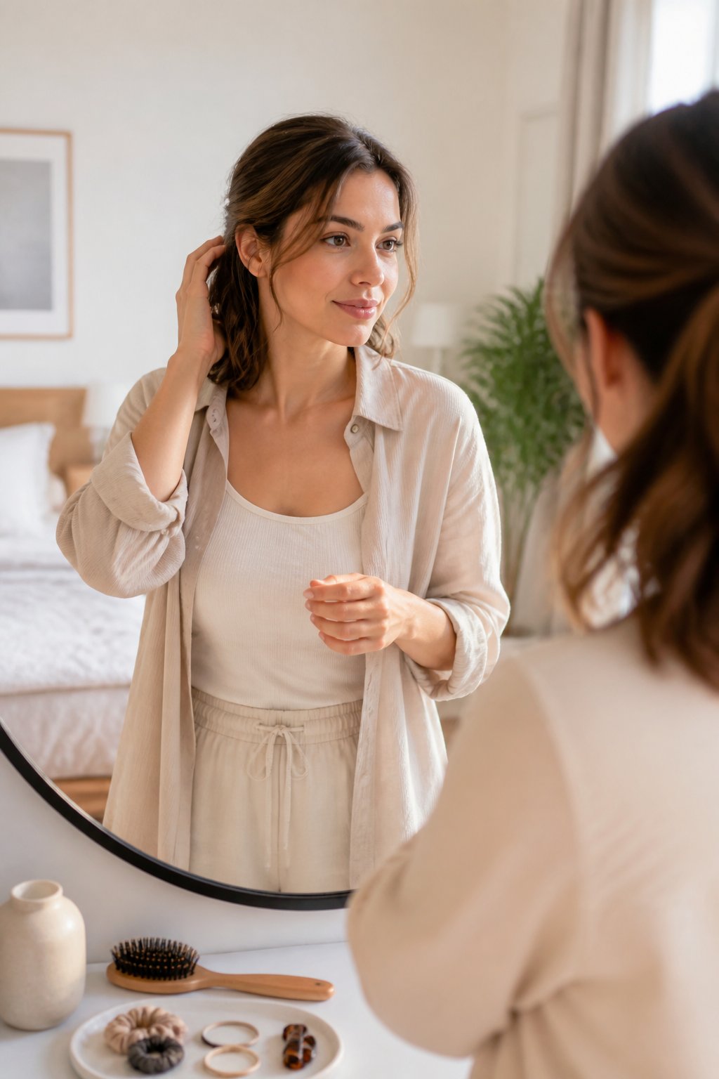 A woman adjusts her simple hairstyle in a bright bedroom beside a mirror.