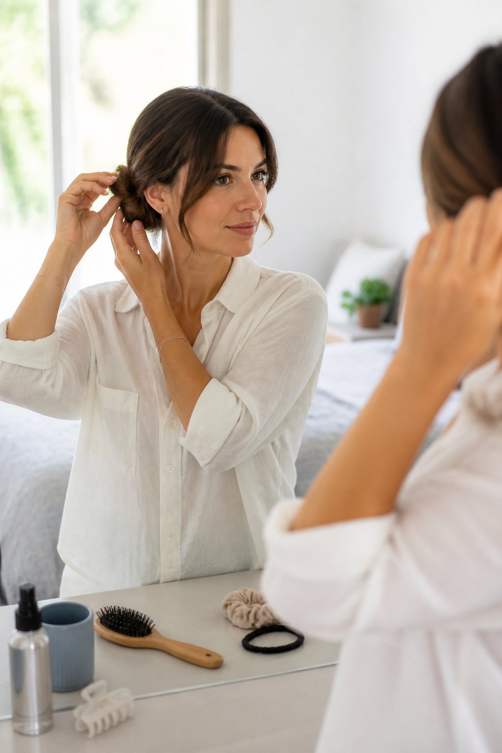 A woman styles her hair in front of a mirror at home.