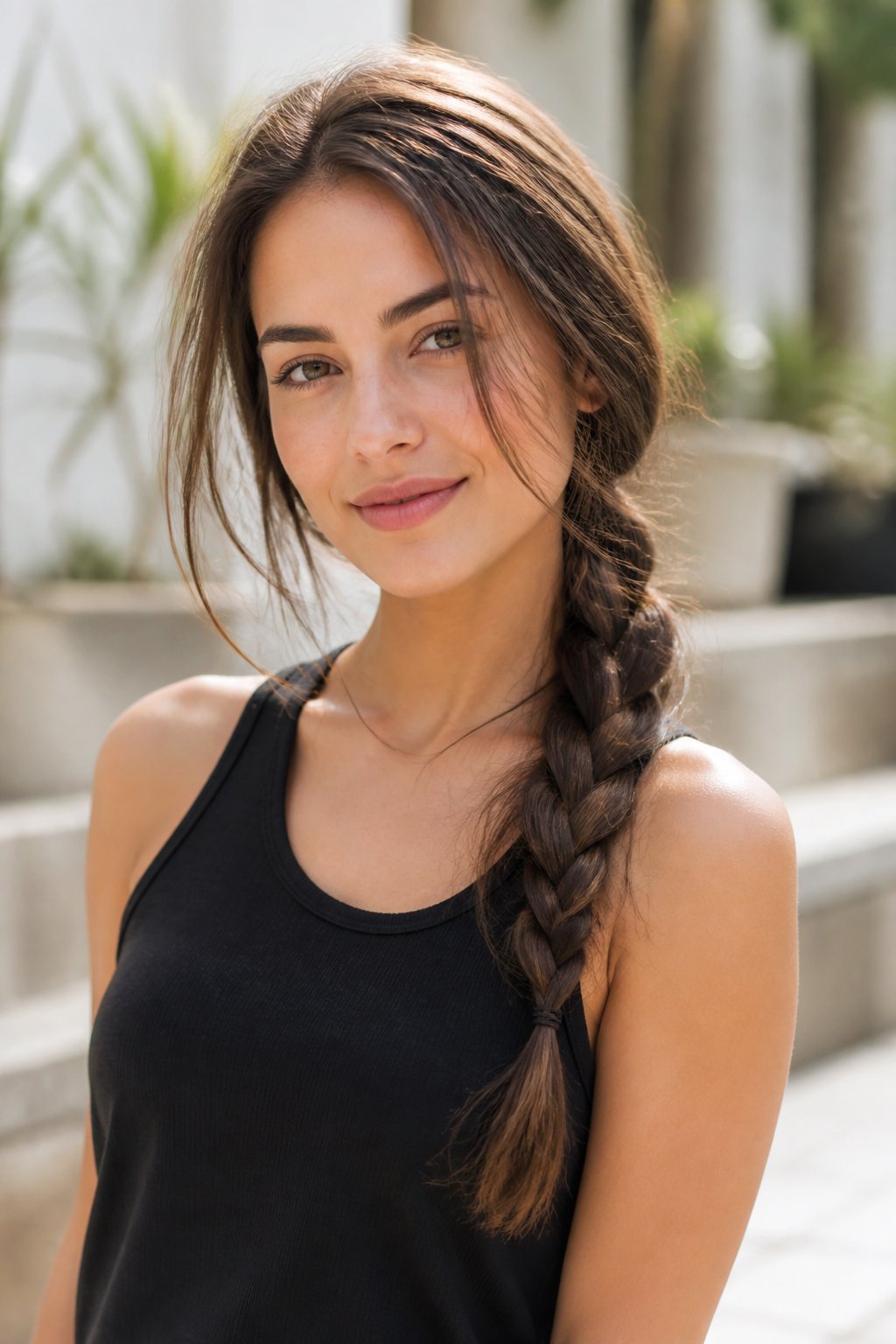 A woman wearing a loose side braid outdoors in soft daylight.