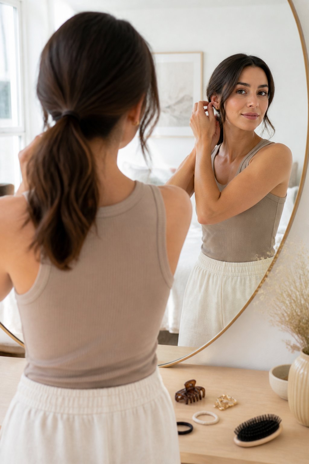 A woman adjusts her simple low ponytail while standing beside a mirror in a bright bedroom.