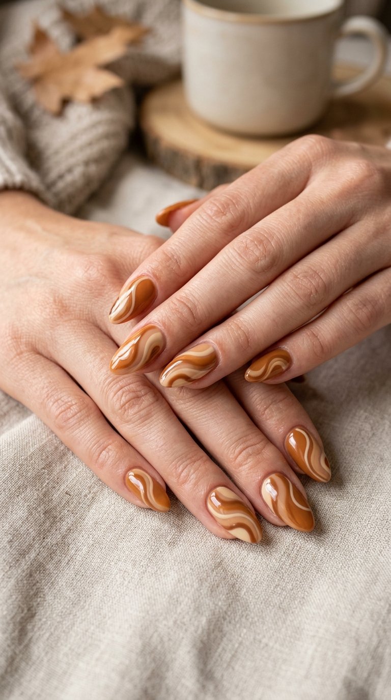 23 Cute Autumn Nail Ideas Beyond Burgundy 8 Close-up of hands showing caramel-colored swirl nail art with glossy accents.