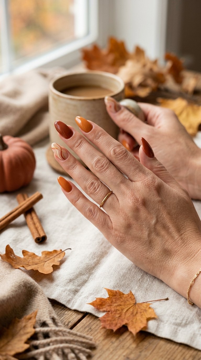 23 Cute Autumn Nail Ideas Beyond Burgundy 9 A close-up of manicured hands with glossy cinnamon and pumpkin-orange nails resting beside cinnamon sticks and autumn leaves.