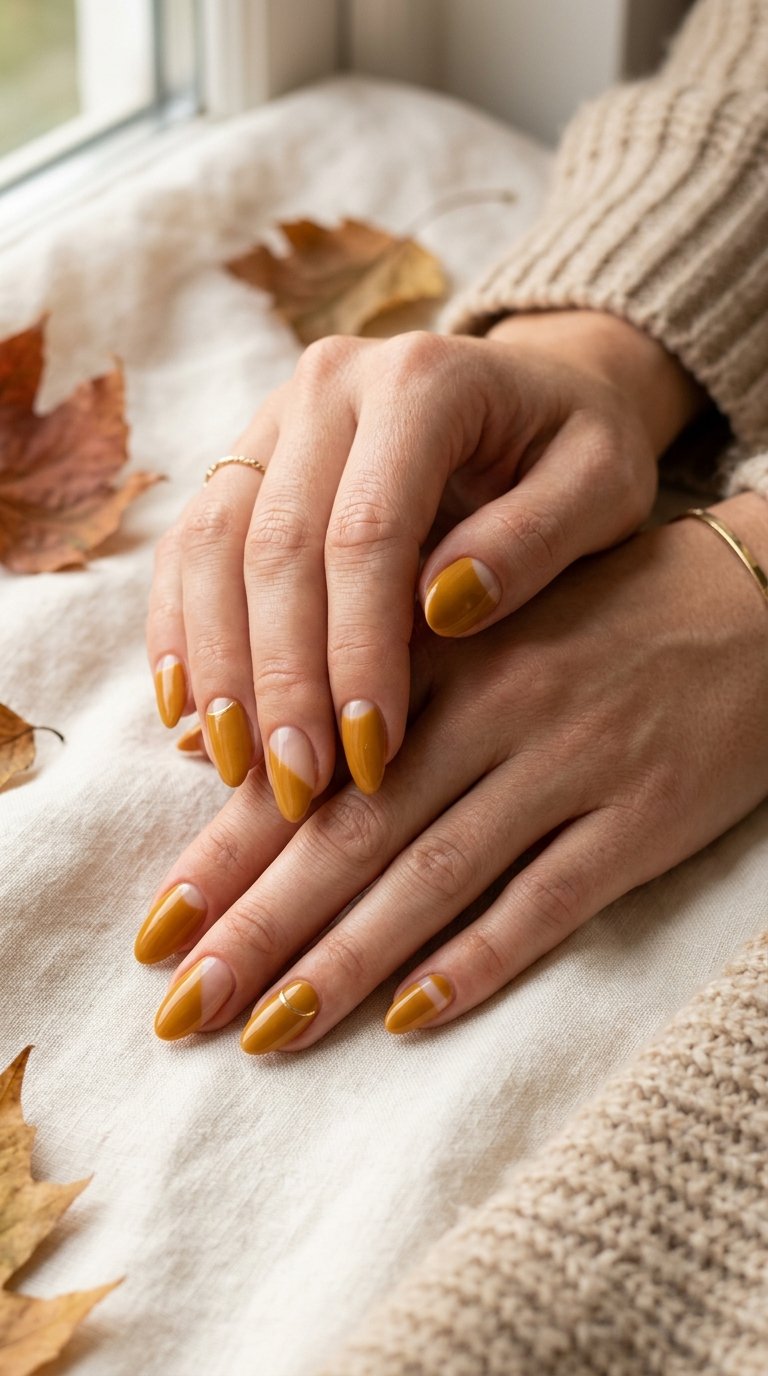 23 Cute Autumn Nail Ideas Beyond Burgundy 10 A hand displays mustard yellow nails with geometric negative-space designs on a warm neutral background.