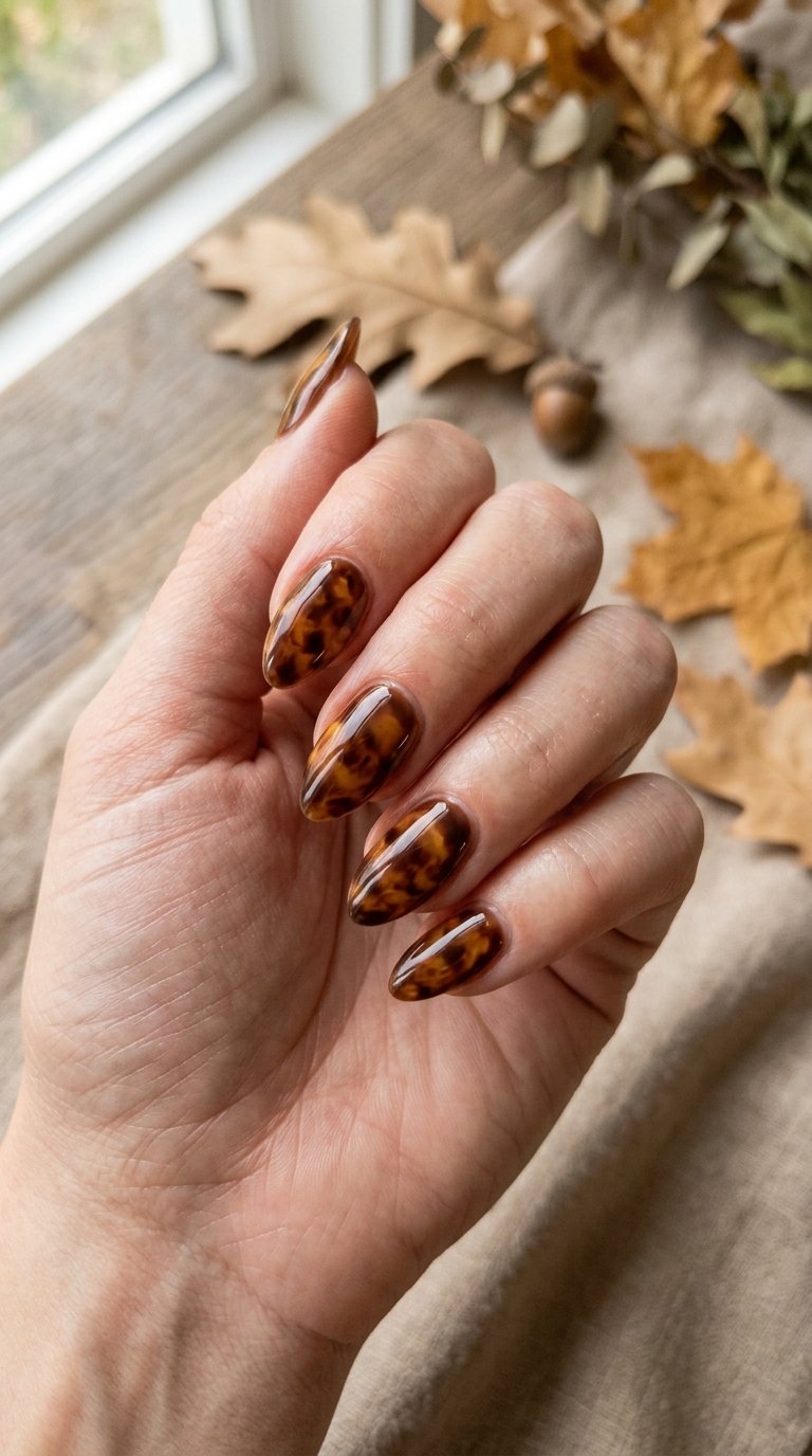 23 Cute Autumn Nail Ideas Beyond Burgundy 11 A hand with glossy chocolate brown tortoiseshell nail art rests against a warm autumn-toned background.