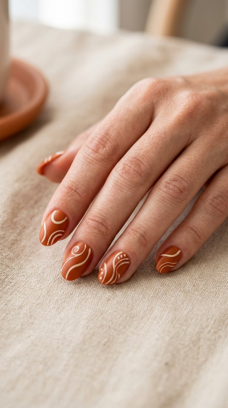23 Cute Autumn Nail Ideas Beyond Burgundy 12 A hand with rust-orange nails decorated with abstract cream-colored lines.