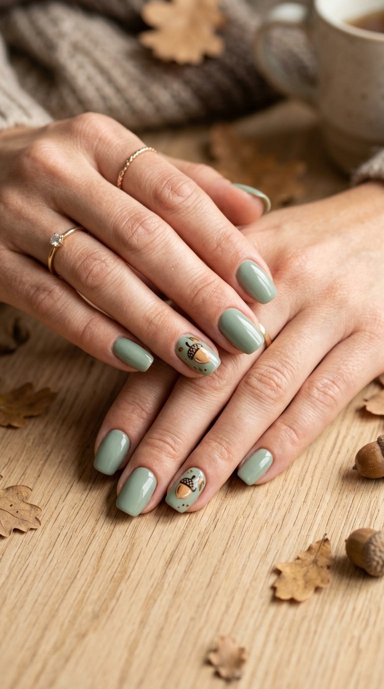 23 Cute Autumn Nail Ideas Beyond Burgundy 13 Hands with sage green nails and tiny acorn designs resting on a wooden surface with autumn leaves and acorns.