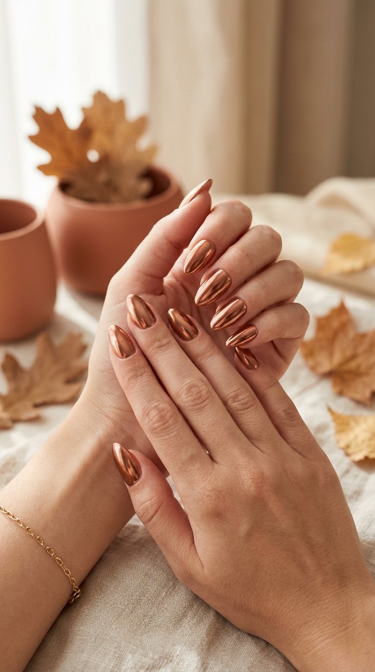23 Cute Autumn Nail Ideas Beyond Burgundy 14 A close-up of a hand with glossy copper metallic almond-shaped nails against a softly blurred autumn-toned background.