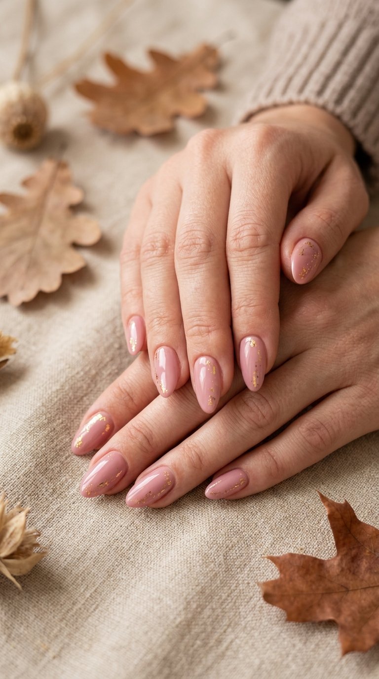 23 Cute Autumn Nail Ideas Beyond Burgundy 15 A hand with glossy dusty rose almond-shaped nails decorated with delicate gold foil accents rests among subtle autumn leaves.