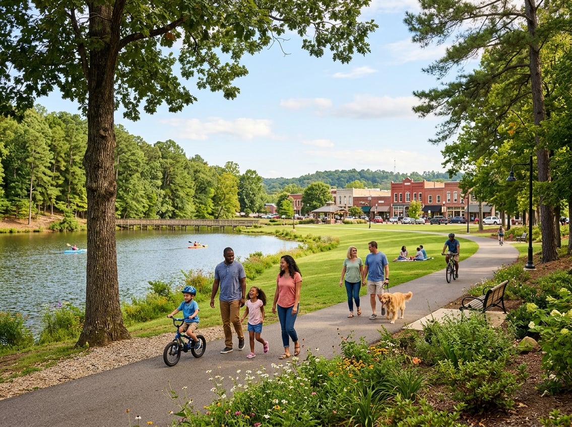 People enjoying a scenic park with walking paths, greenery, and a charming downtown area in the background.