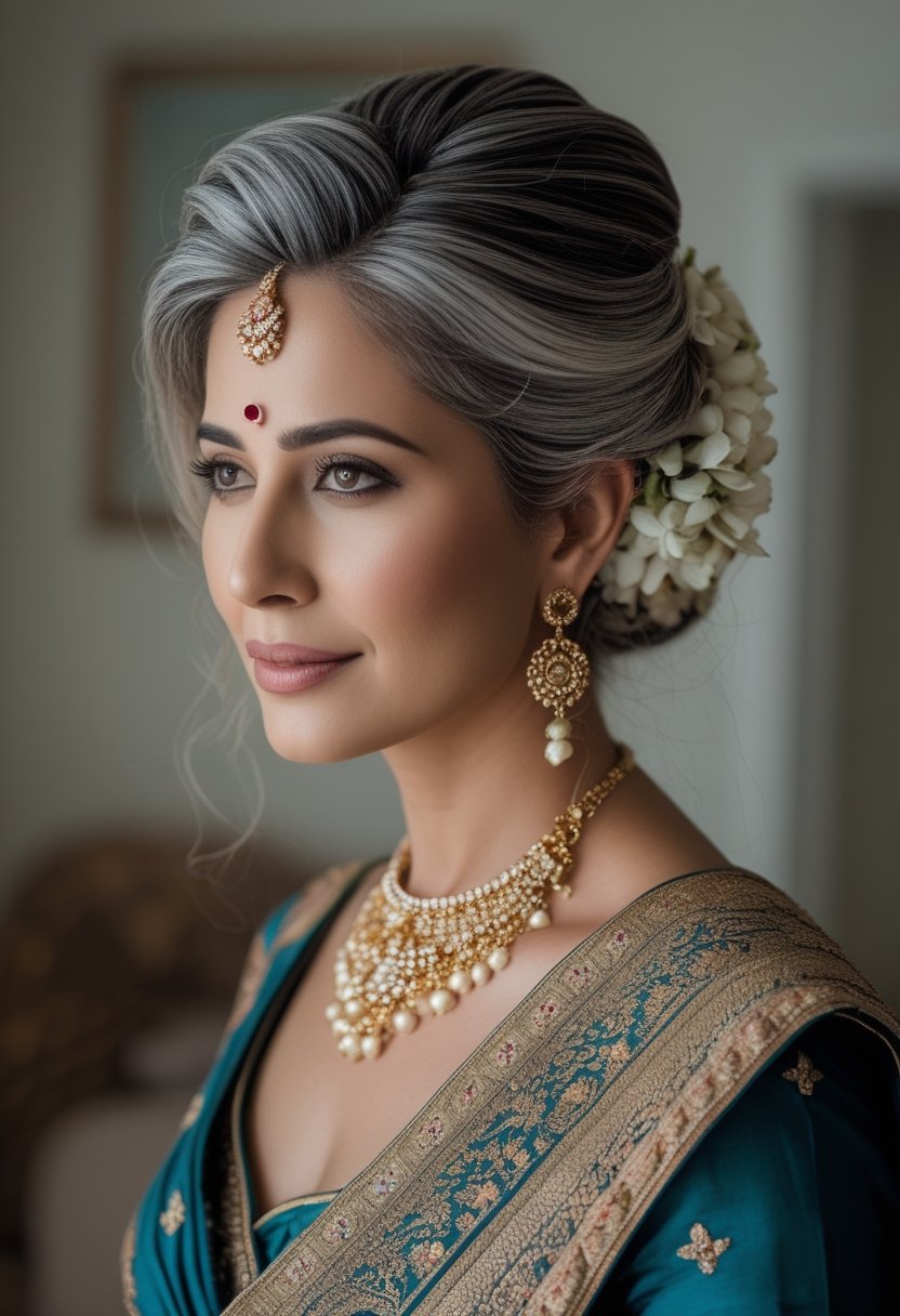 An Indian bride’s mother with an elegant decorated hairstyle, wearing a sari and traditional jewelry.