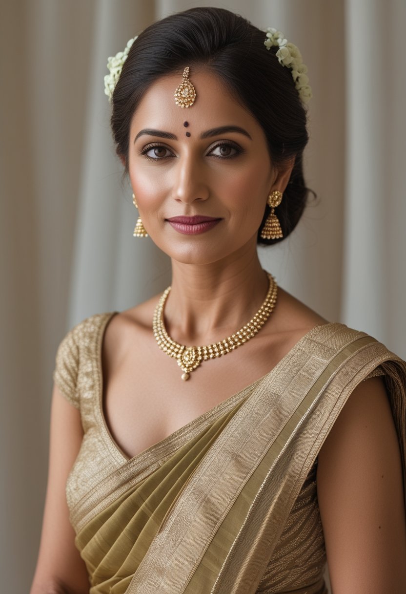 An Indian woman wearing a sari with a low bun decorated with jasmine flowers.