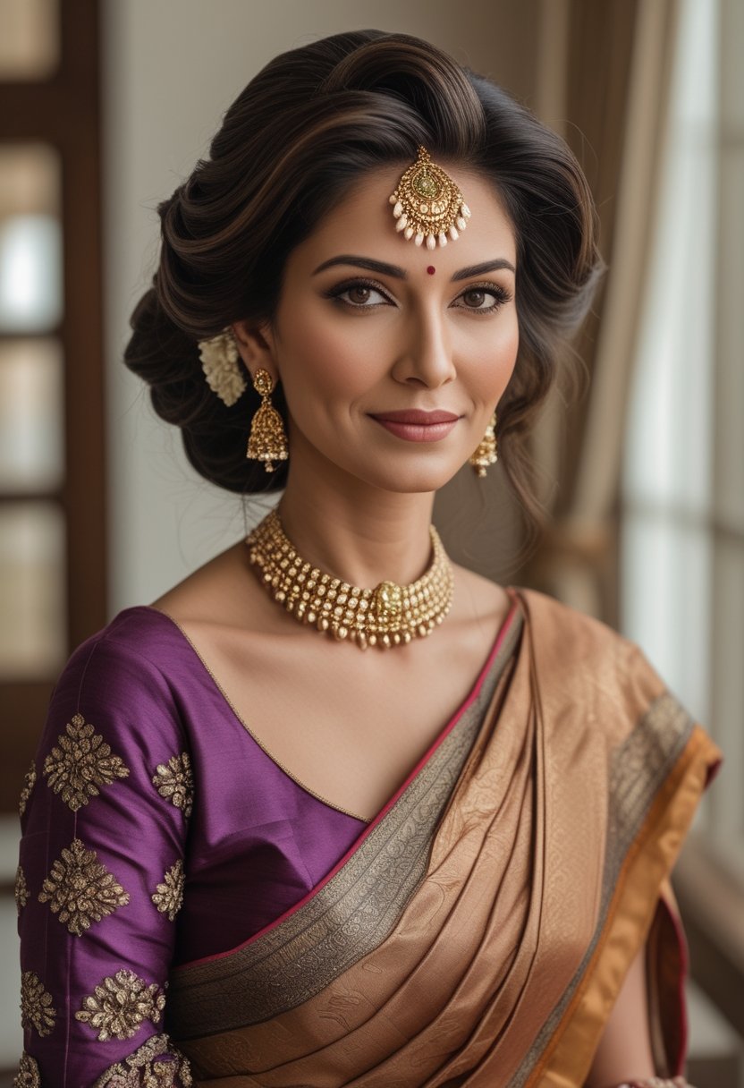An Indian bride's mother with soft side-swept curls and a maang tikka.