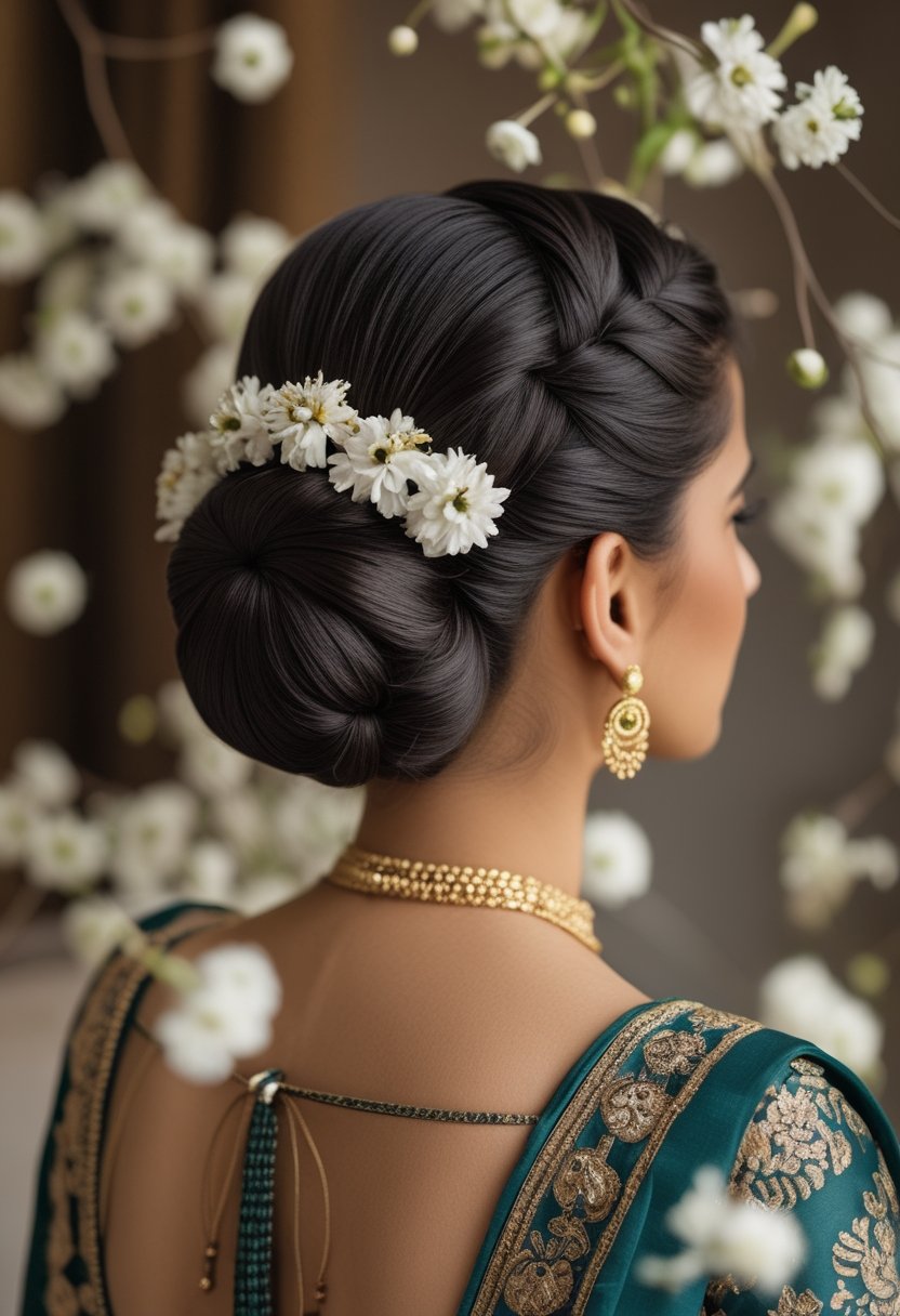 An Indian bride’s mother wearing a braided bun decorated with fresh flowers.
