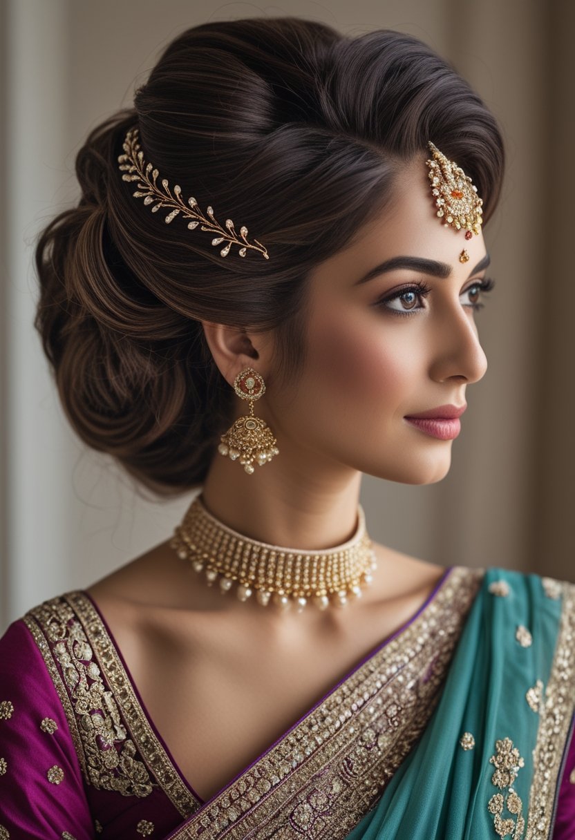 Indian mother of the bride wearing an elegant French twist hairstyle with decorative hairpins.