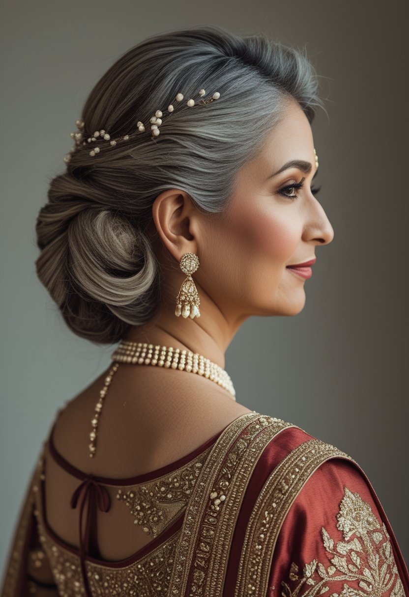 An Indian bride's mother wearing a low twisted updo decorated with pearl accessories.