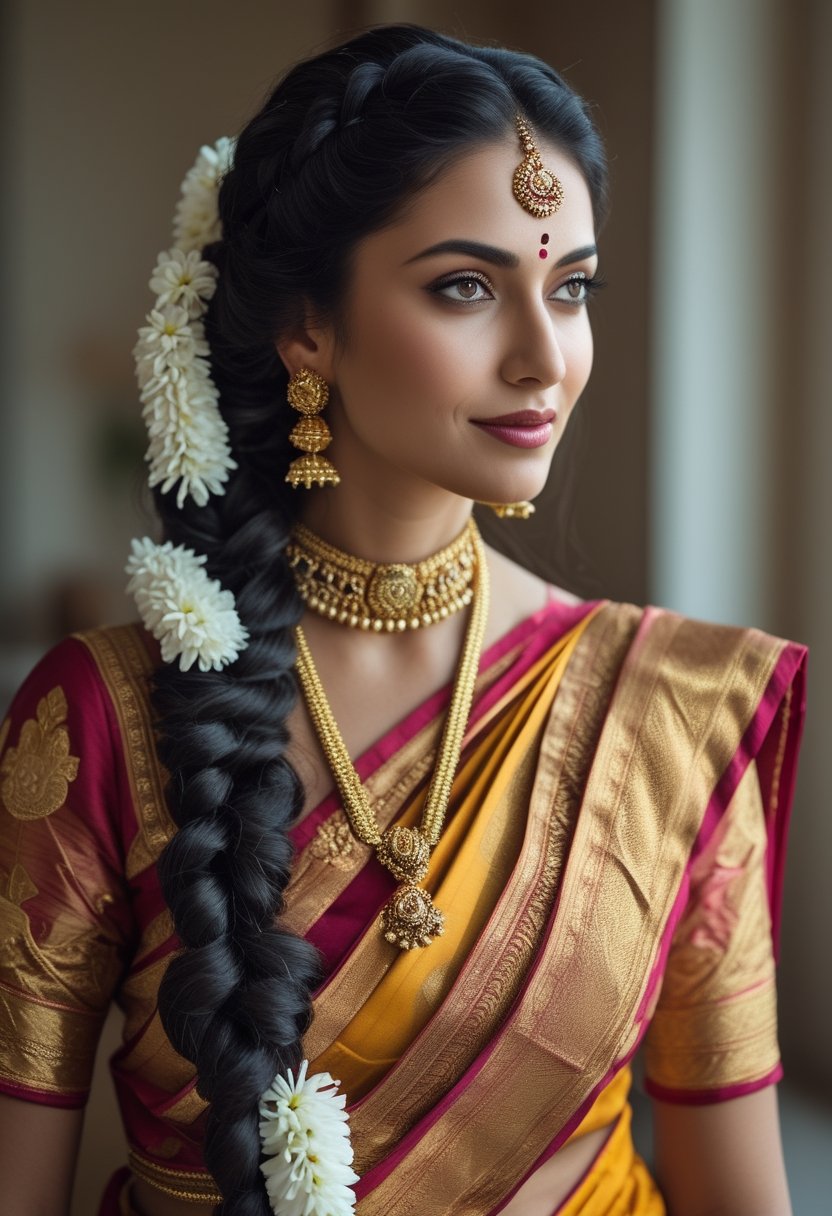 An Indian bride’s mother with a long braid decorated with white jasmine flowers, wearing a traditional saree and gold jewelry.