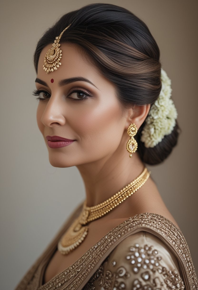 An Indian bride’s mother wearing a traditional outfit and a jeweled headpiece with her hair in a low bun.