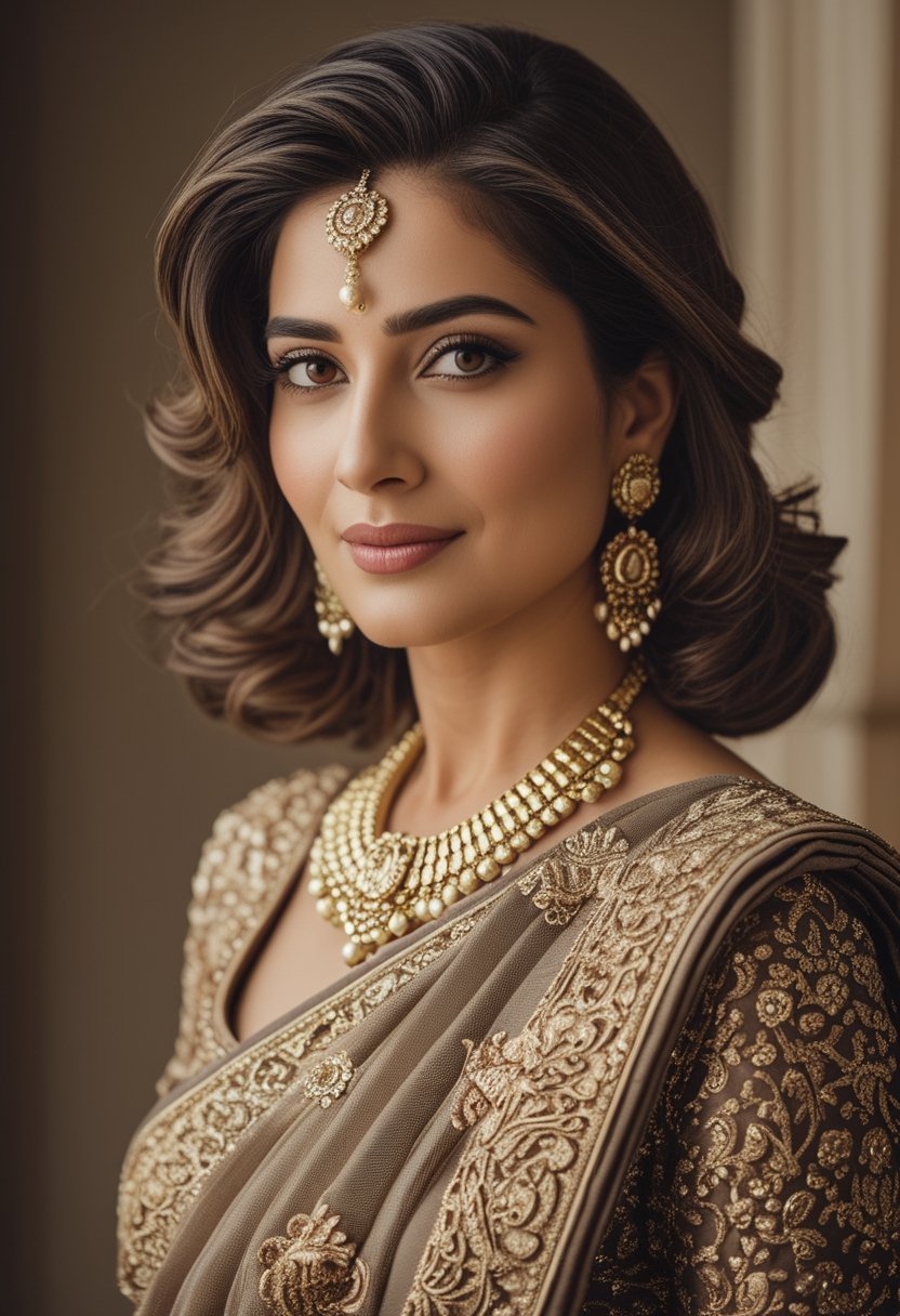 An Indian woman wearing an elegant outfit with shoulder-length wavy hair parted to one side.