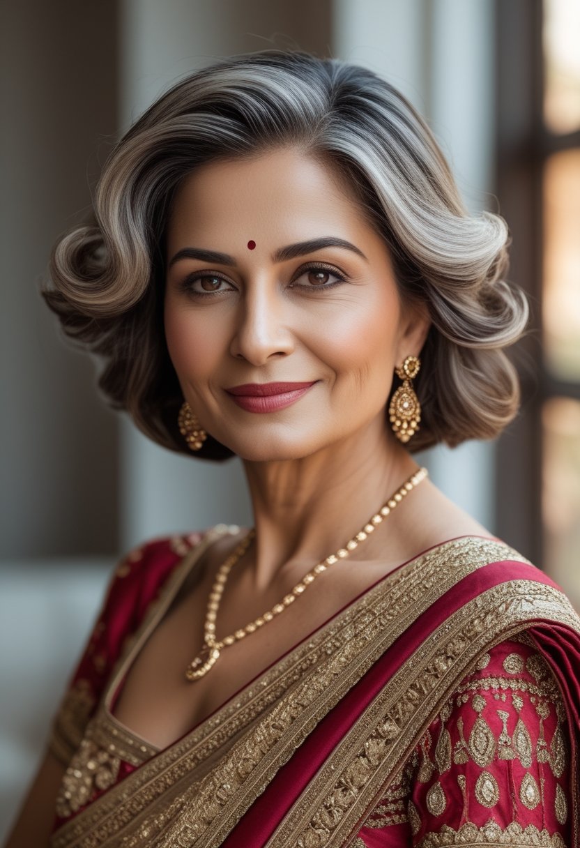 An Indian woman wearing a layered bob hairstyle with soft curls.