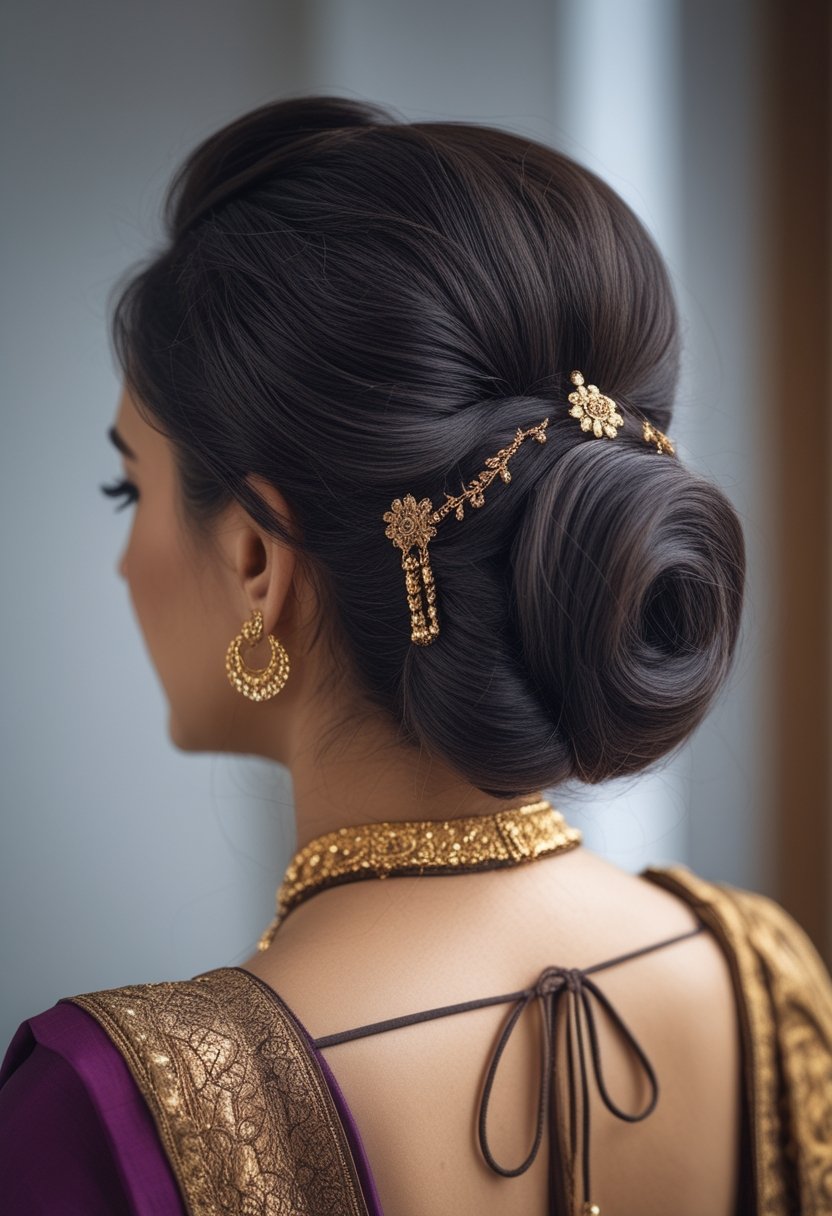An Indian woman wearing a textured bun decorated with gold hair jewelry.