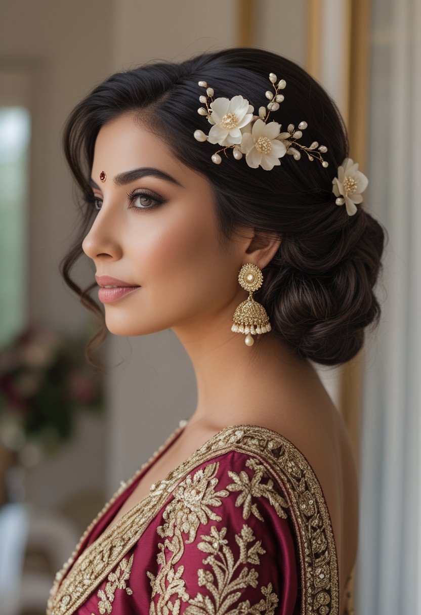 Indian mother of the bride wearing a half-up curly hairstyle with a floral hair comb.