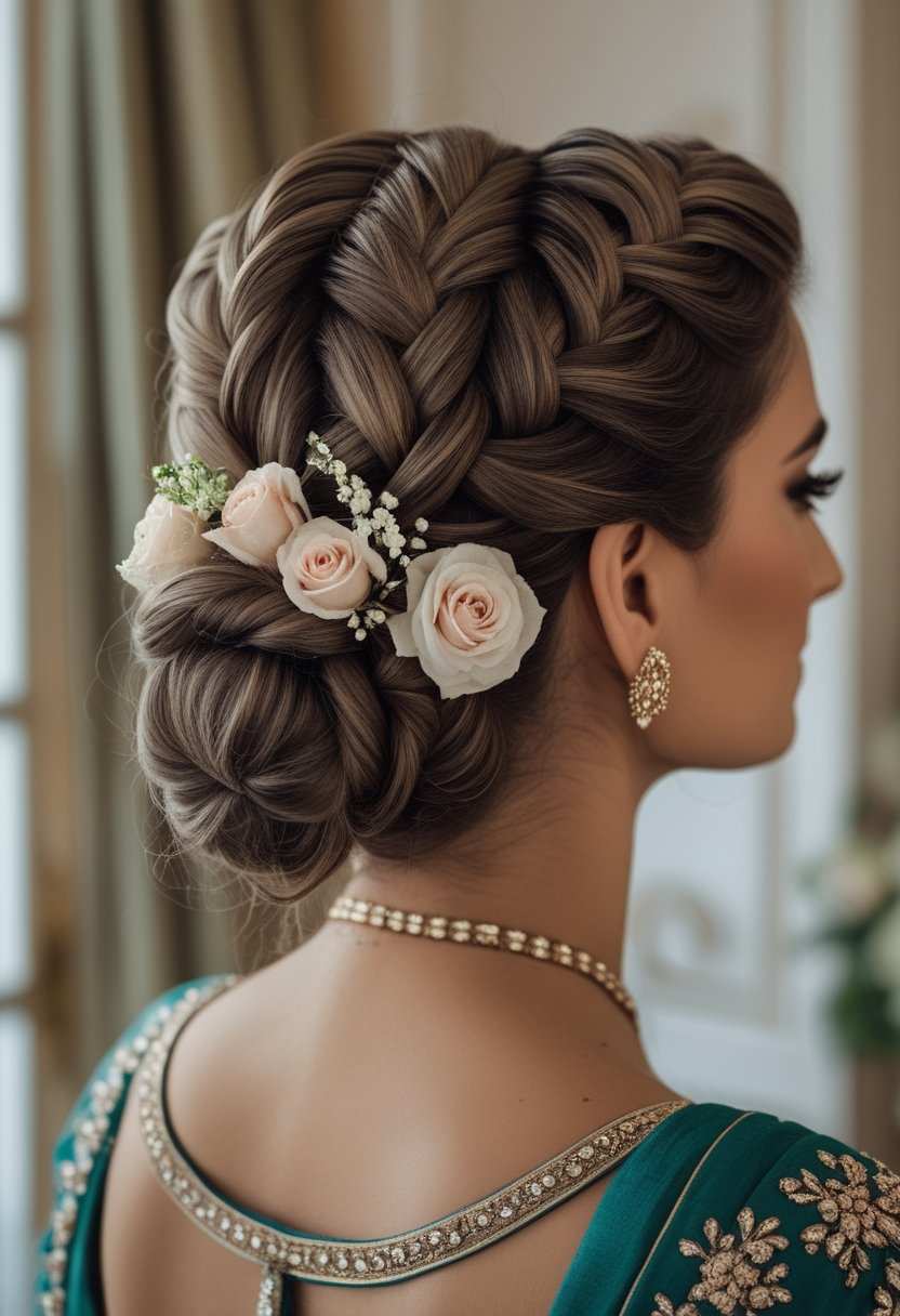 Indian mother of the bride wearing a braided crown hairstyle with a low floral bun.