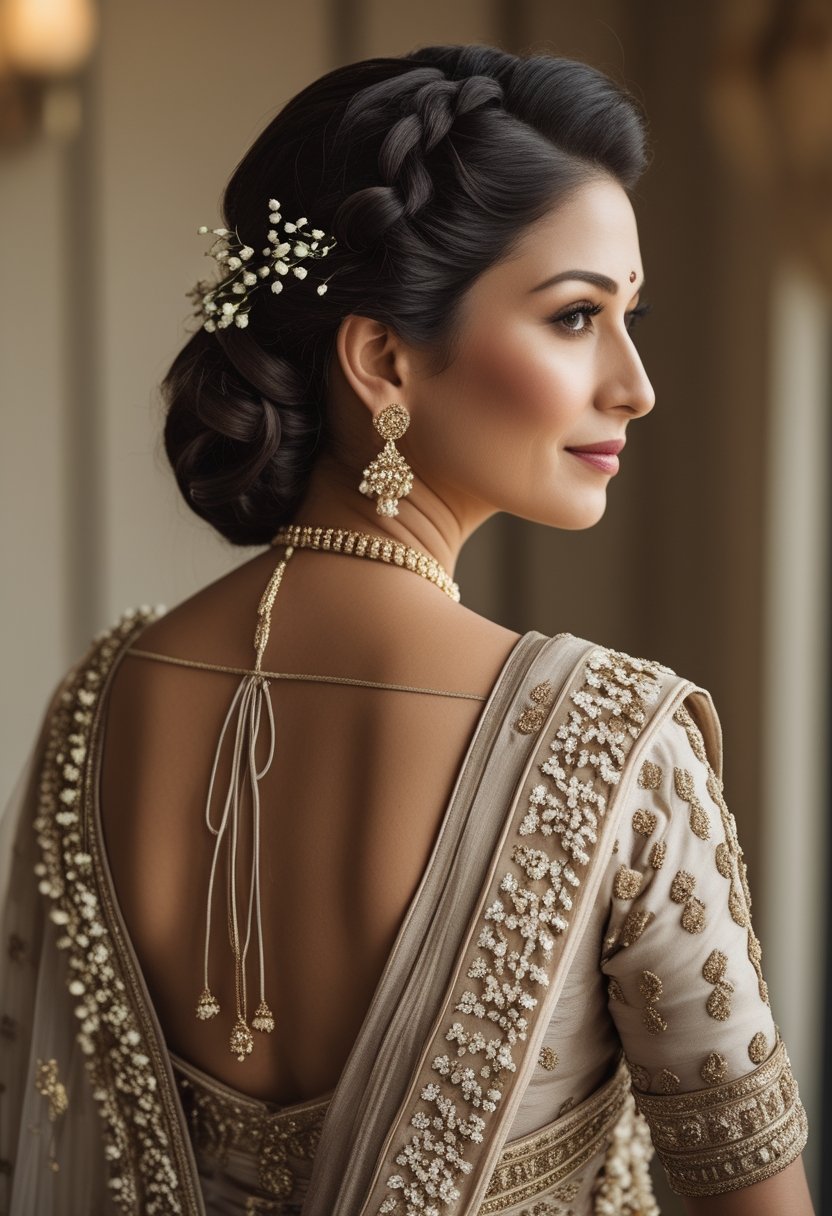 An Indian bride’s mother wearing a sari with a side braid decorated with small white flowers.