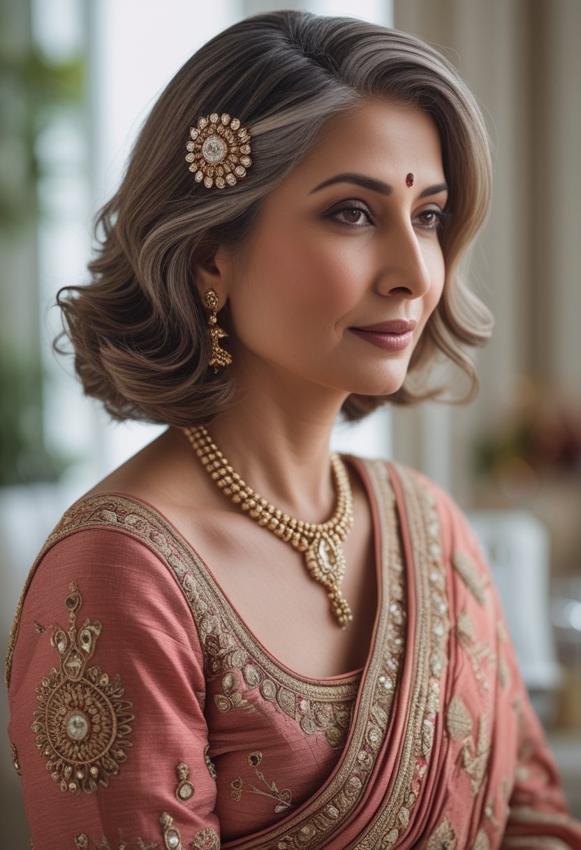 An Indian bride’s mother wearing a wavy shoulder-length hairstyle with a jeweled hair clip.