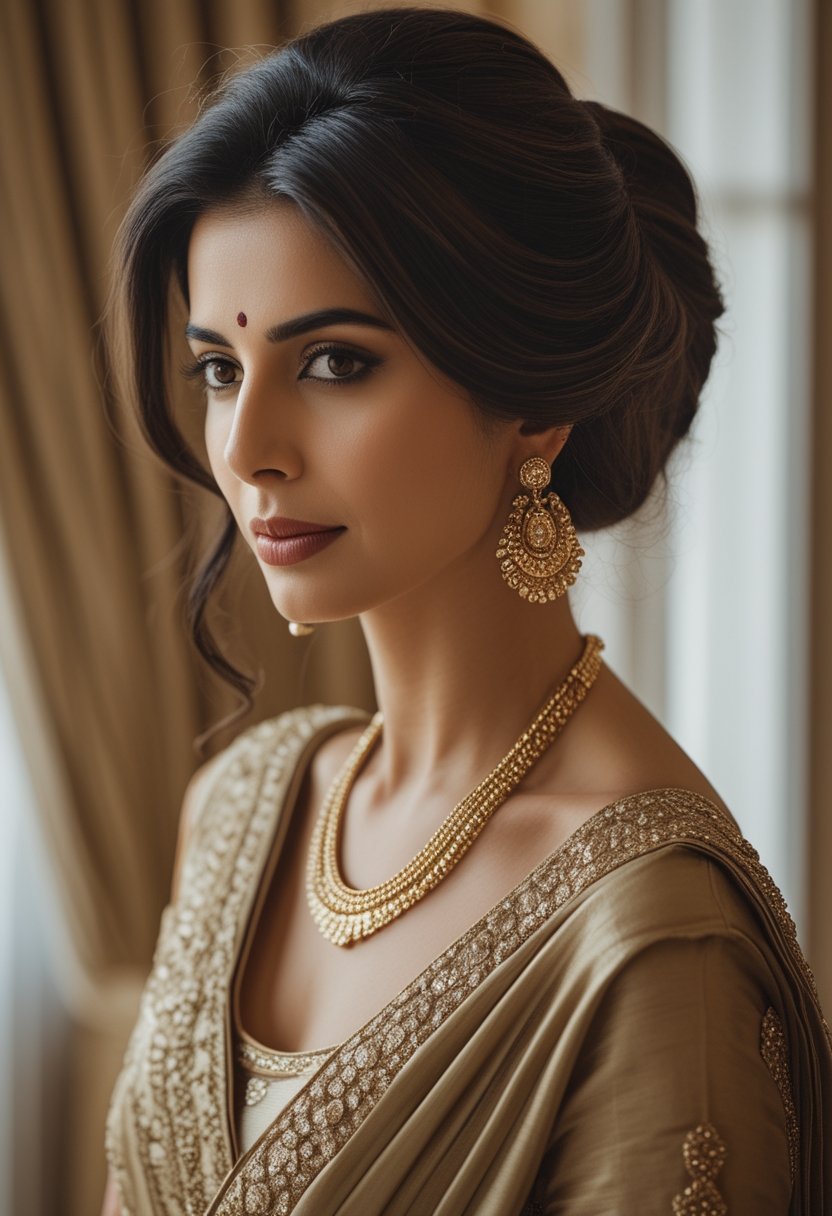 Indian mother of the bride wearing a voluminous updo with side-swept fringe.