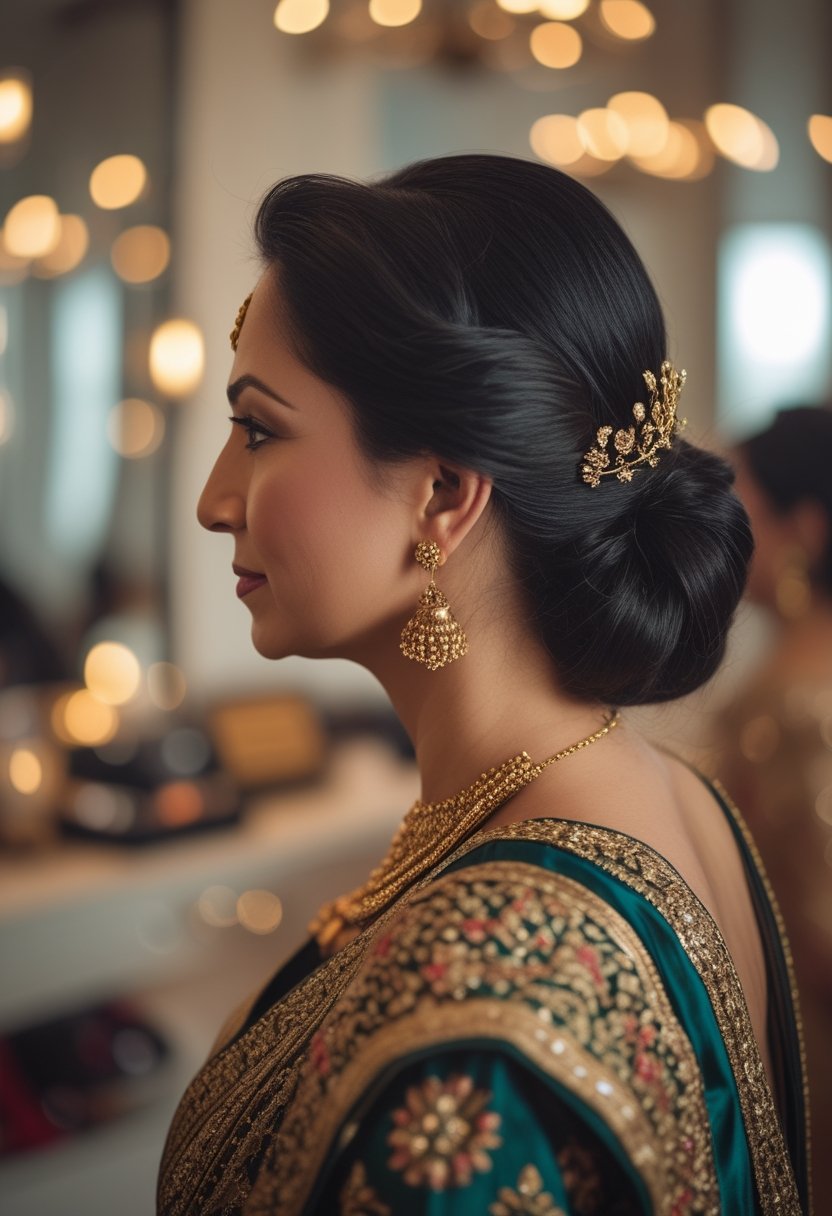 An Indian woman wearing a low curled ponytail decorated with gold hairpins.