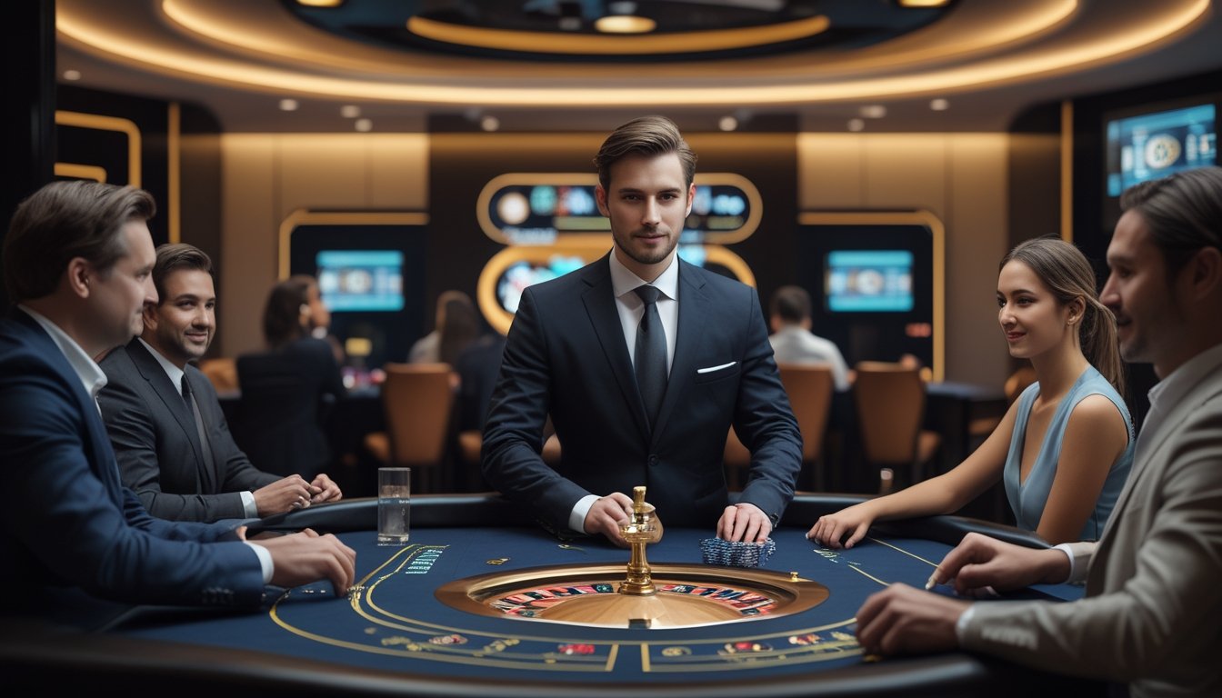 Dealer profesional memandu permainan kasino langsung di studio modern dengan pemain dewasa yang berpartisipasi secara aman.