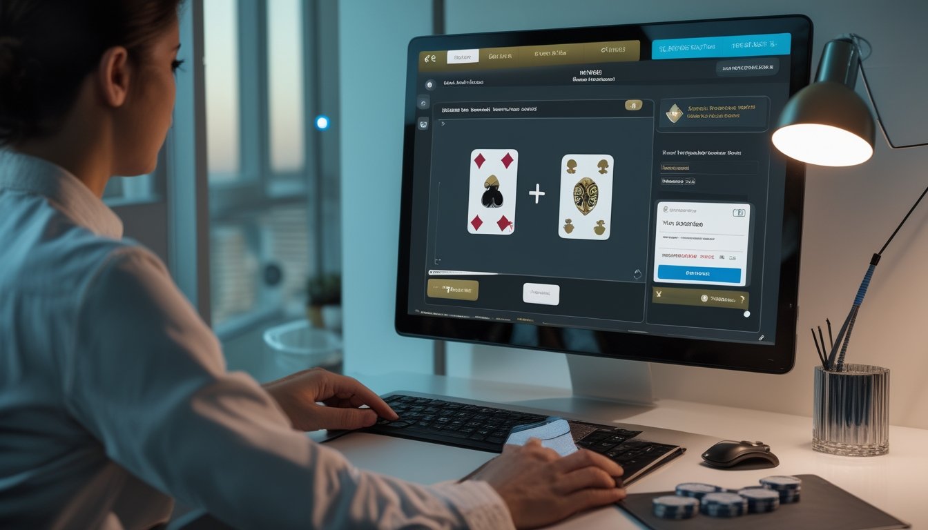 Orang dewasa melihat permainan kasino langsung di laptop dengan simbol keamanan dan pembayaran digital di meja.