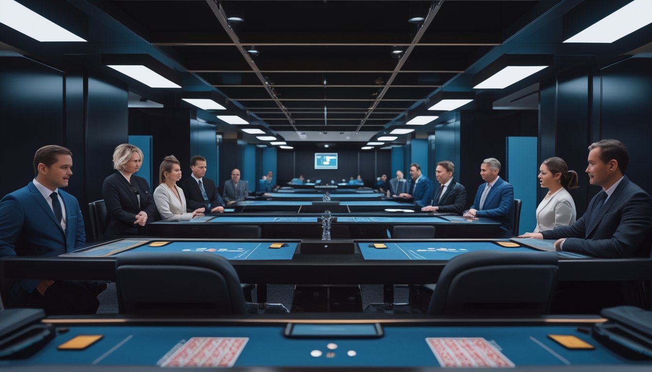 Suasana studio kasino modern dengan beberapa meja Casino War dan dealer yang melayani permainan secara bersamaan.
