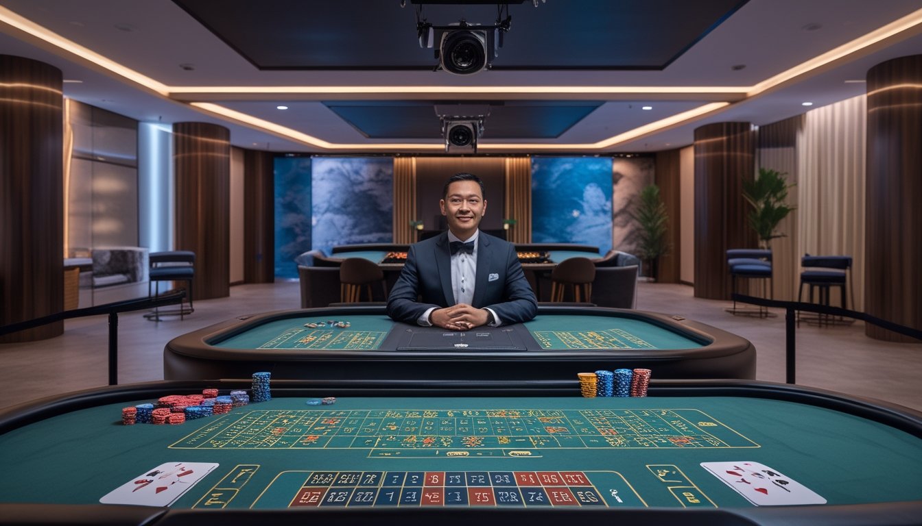 Dealer kasino profesional berada di studio live casino dengan dua suasana berbeda yang melambangkan platform lokal dan internasional.