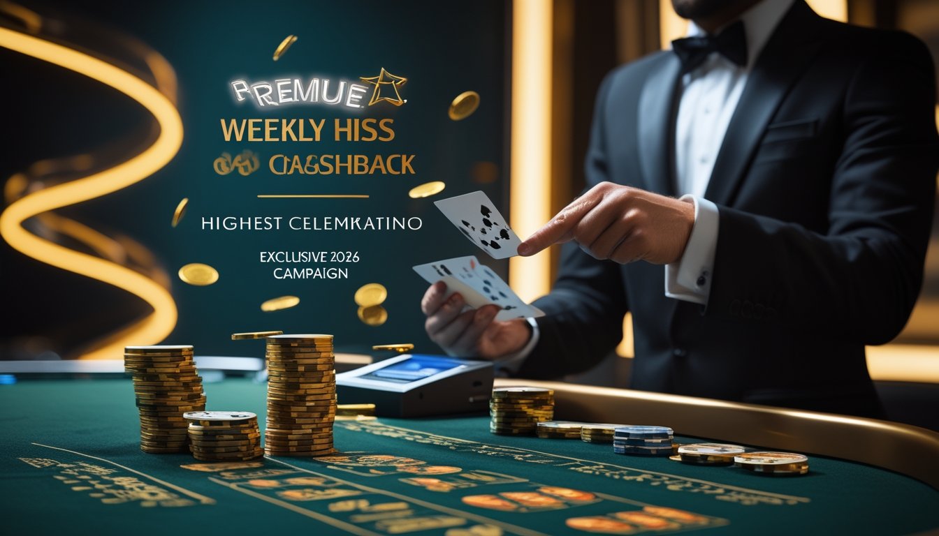 Dealer kasino menyajikan kartu di meja dengan tumpukan chip dan aksen koin emas.