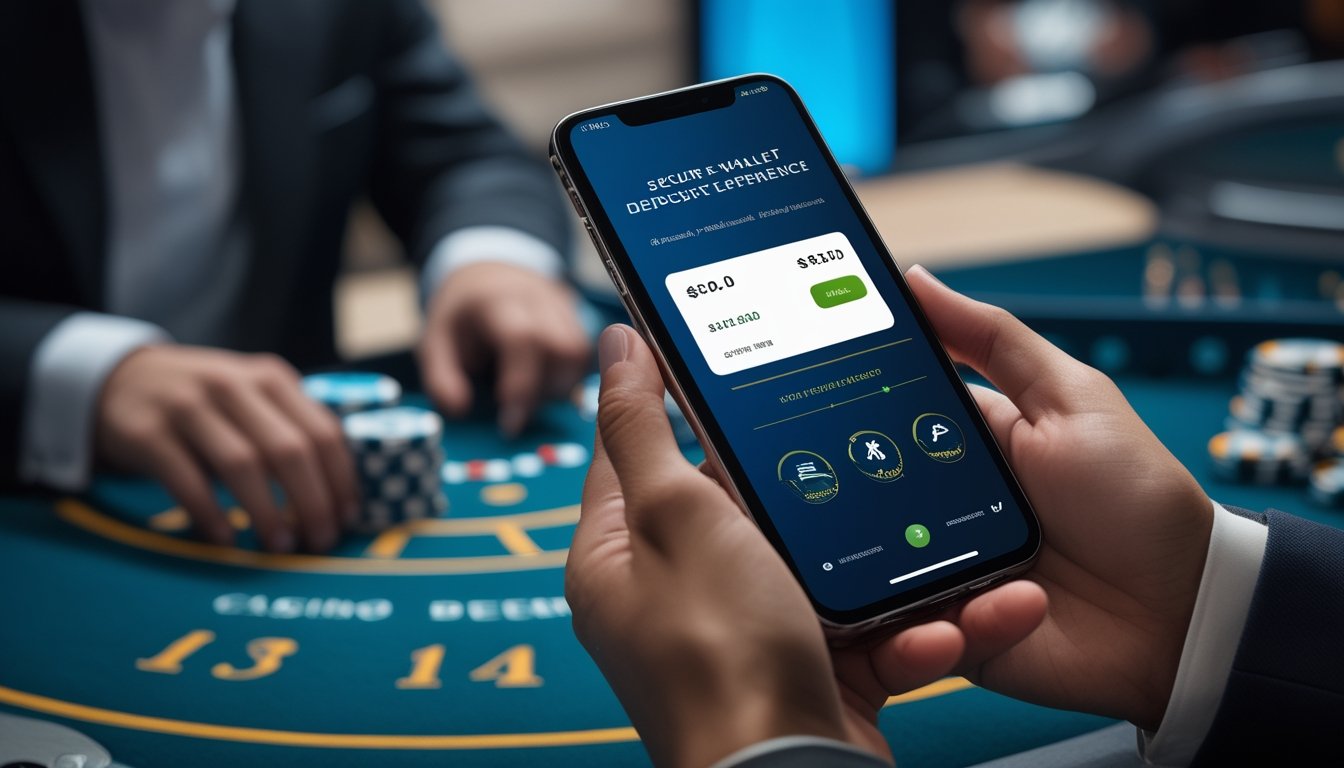 Seseorang menggunakan ponsel untuk melakukan deposit dompet elektronik di lingkungan kasino live modern.