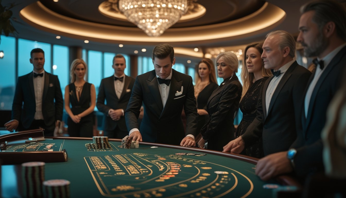Dealer memimpin permainan kartu War di meja kasino mewah dengan beberapa pemain berpakaian elegan.