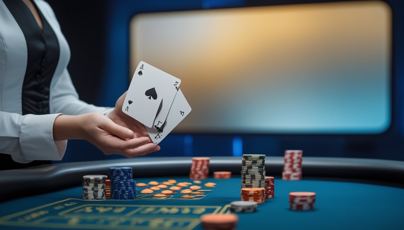 Dealer kasino menyajikan permainan kartu di studio siaran modern dengan layar latar bercahaya.