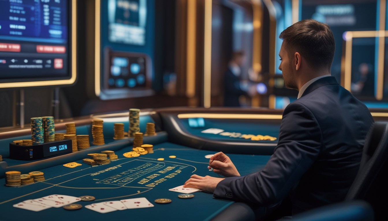 Pemain mengamati dealer dan kartu di meja live casino dengan chip serta hadiah di sekitarnya.