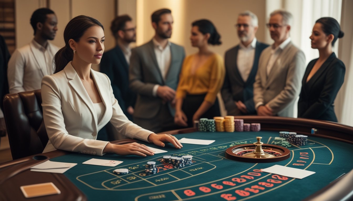 Dealer dan pemain dewasa berada di meja roulette dengan chip, kartu, kalkulator, dan buku catatan kosong.