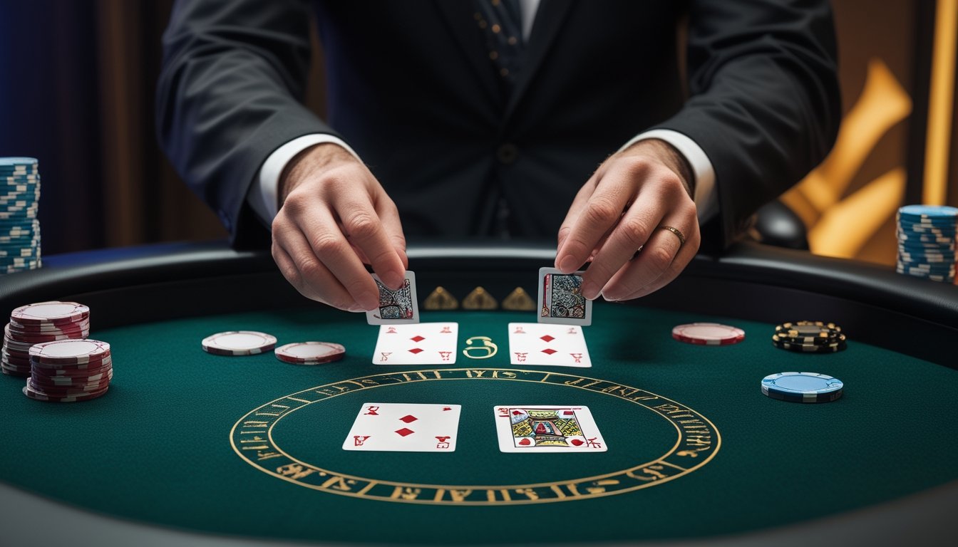 Dealer membagikan kartu dalam permainan kasino War dengan dua kartu bernilai sama di atas meja.