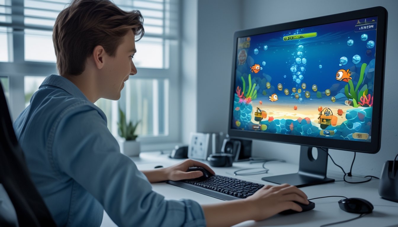Seorang pemula memainkan gim tembak ikan 2D online di komputer dengan latar bawah laut berwarna-warni.