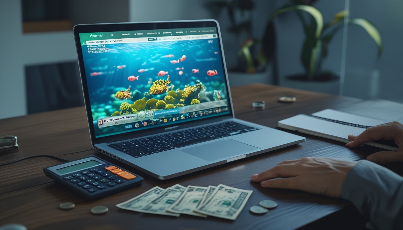 Laptop menampilkan permainan ikan 2D dengan uang rupiah, kalkulator, ponsel, dan tangan yang tampak ragu di atas meja.