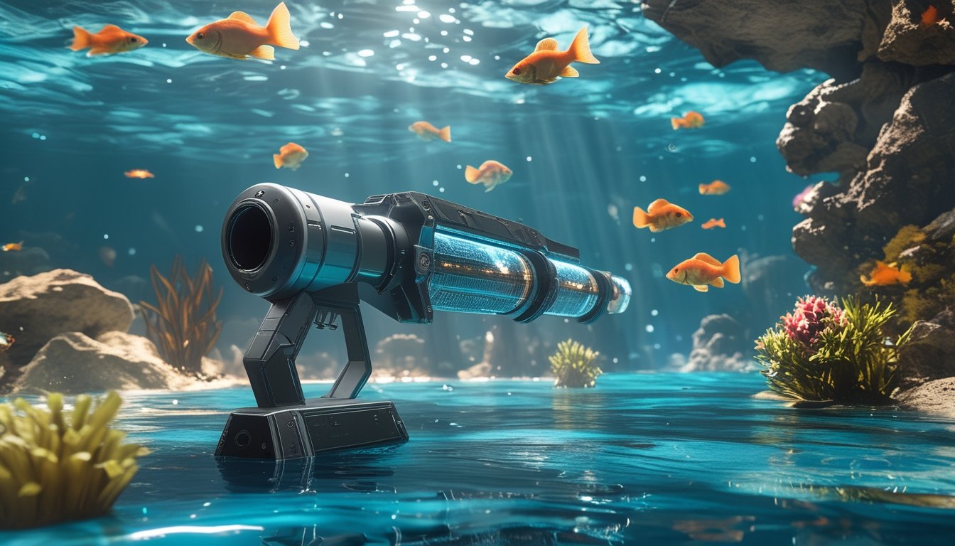 Tampilan permainan menembak ikan 2D dengan beragam ikan laut berwarna-warni dan perangkat senjata futuristik di lingkungan bawah laut.