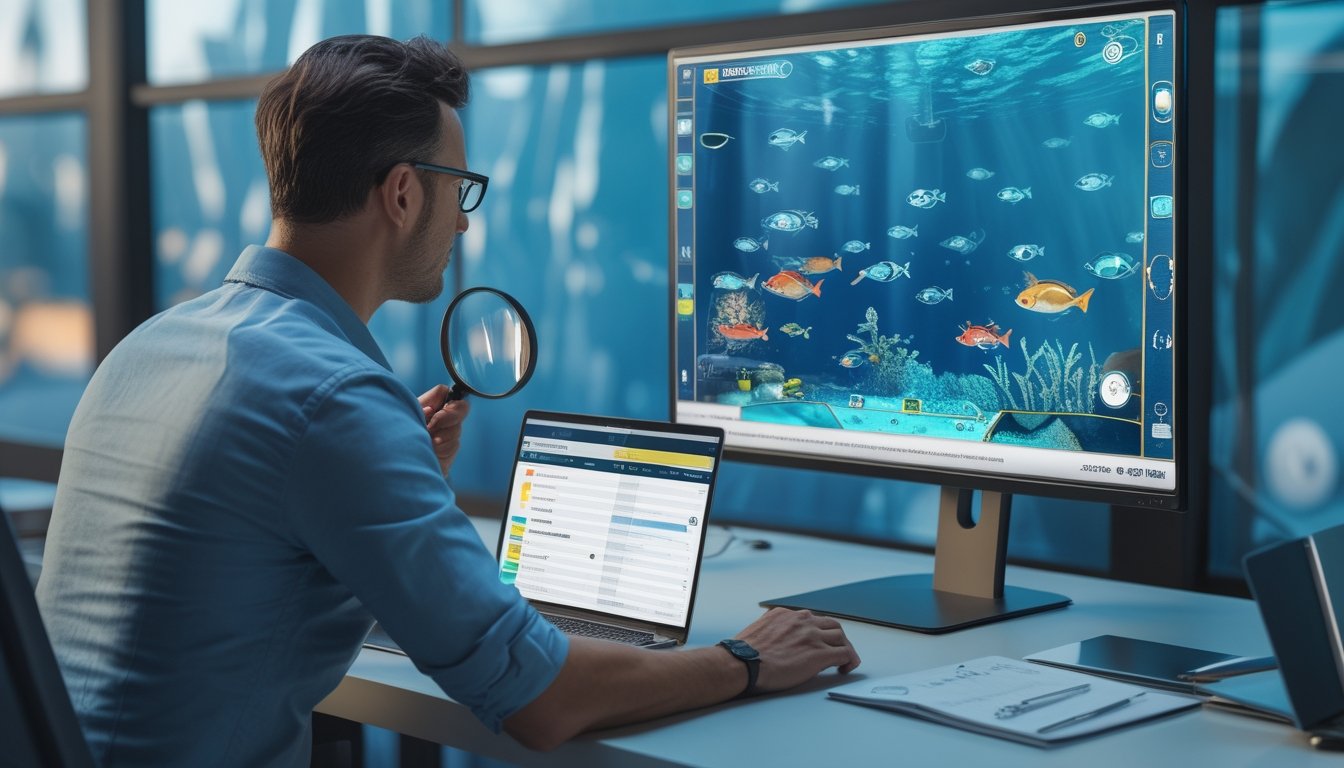 Seorang peninjau memeriksa permainan tembak ikan 2D bertema bawah laut di laptop dan monitor.