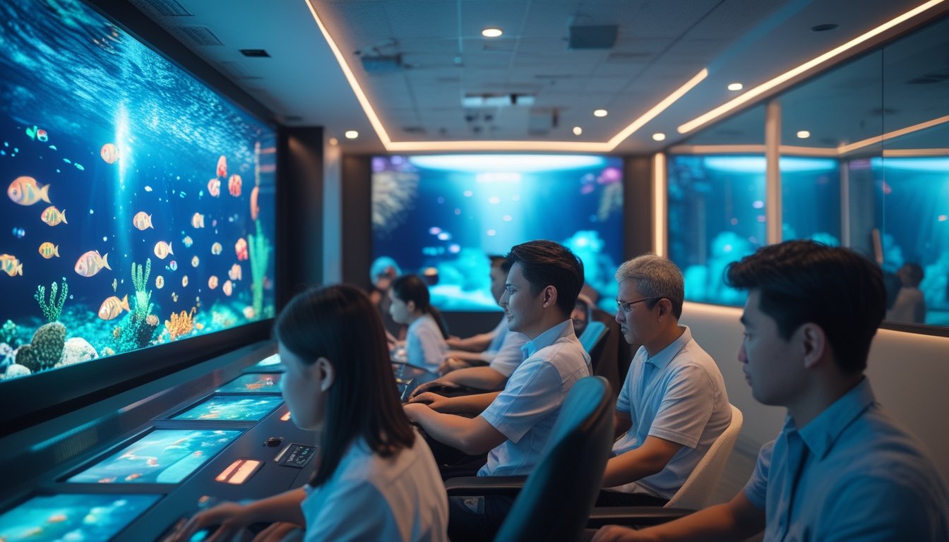 Sekelompok orang dewasa Asia bermain gim tembak ikan 2D di ruang hiburan modern dengan layar menampilkan suasana bawah laut berwarna-warni.