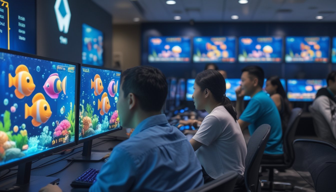 Pemain Asia menikmati permainan tembak ikan 2D di ruang permainan modern.
